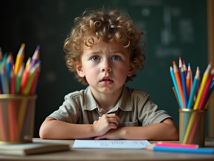 Studio portrait of a child with a worried expression, surrounded by school supplies