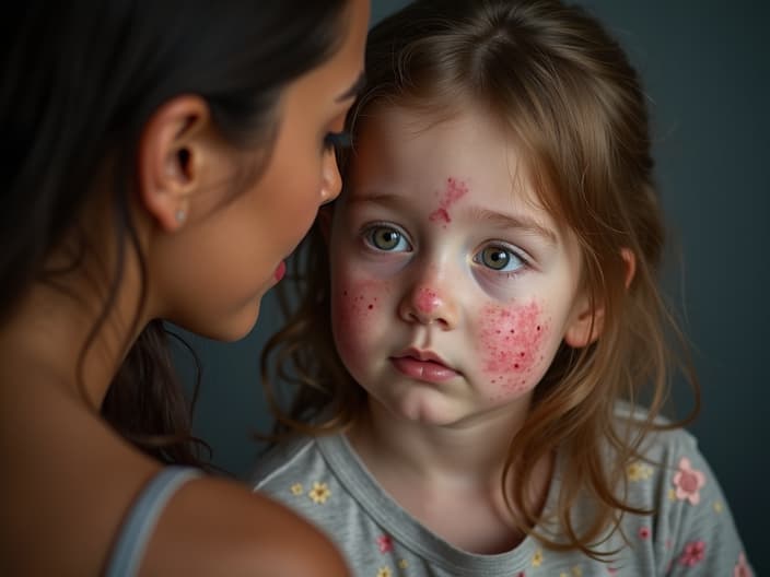 Studio portrait of a child with chickenpox, with a parent nearby