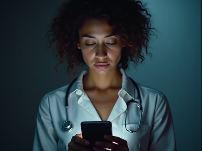 Studio portrait of a concerned person looking at a digital health app on a smartphone, soft lighting