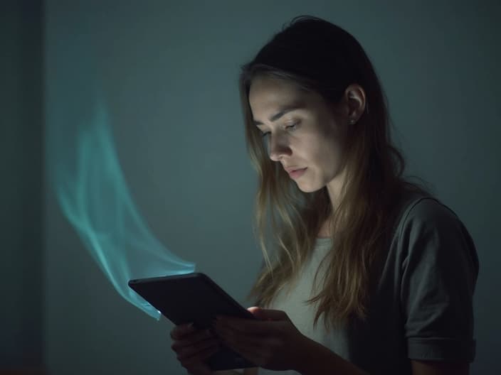 Studio portrait of a concerned person looking at a symptom checker app on a tablet