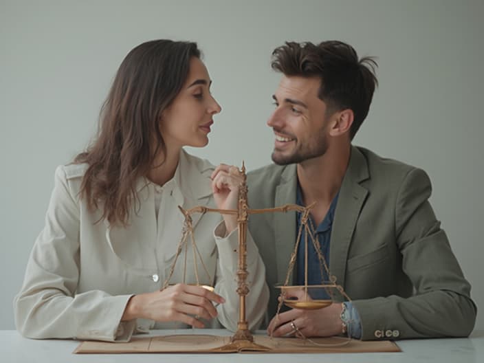 Studio portrait of a couple collaboratively making a decision, symbolized by a balance scale