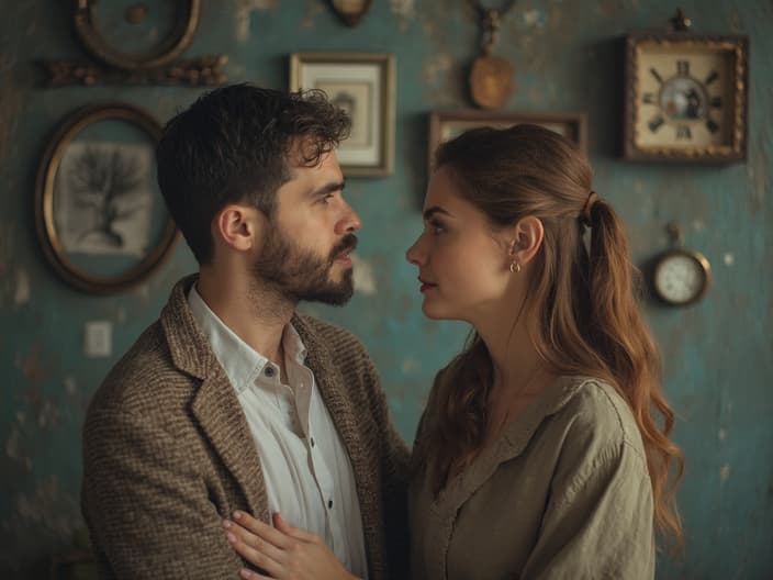 Studio portrait of a couple discussing intimacy, with symbols of compromise and understanding