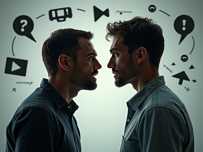 Studio portrait of a couple in a conflict situation, surrounded by communication icons