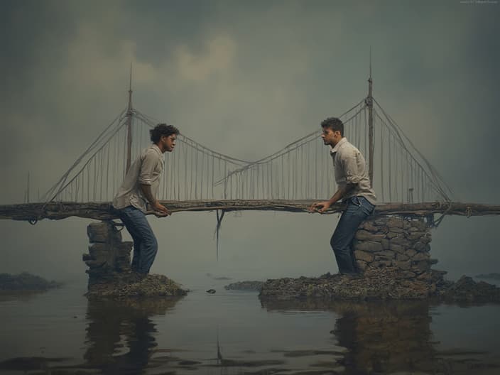 Studio portrait of a couple in the process of rebuilding trust, symbolized by a bridge being repaired