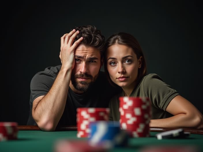 Studio portrait of a couple looking stressed, casino chips scattered in foreground