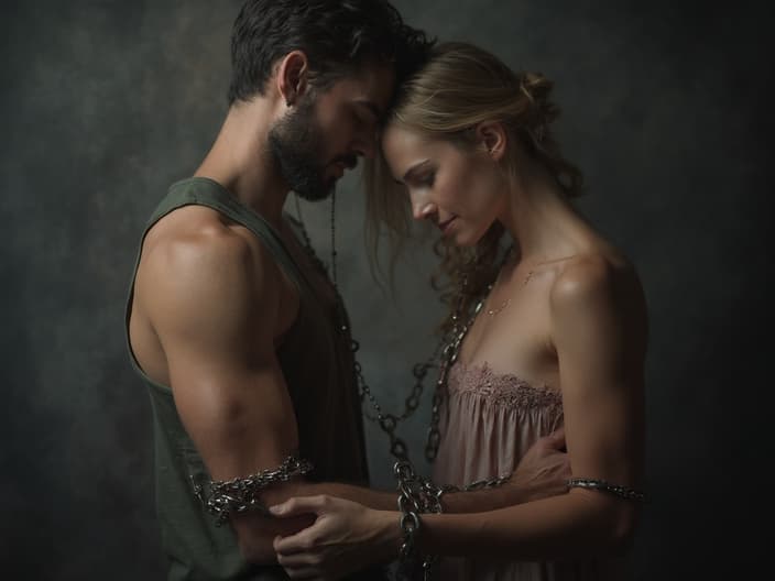 Studio portrait of a couple overcoming jealousy, symbolized by breaking chains