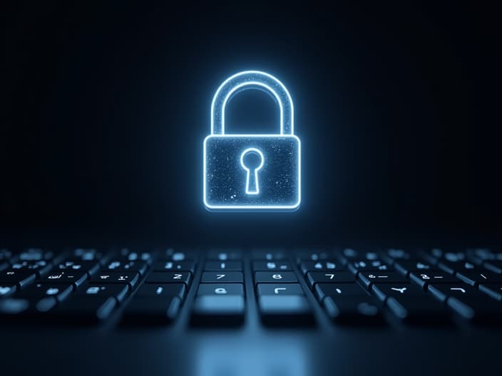 Studio portrait of a digital lock icon floating above a computer keyboard, dramatic lighting