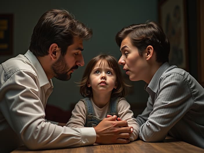 Studio portrait of a family in conflict, surrounded by misunderstandings