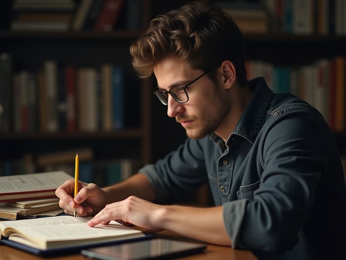 Studio portrait of a focused person studying with books and digital devices, sharp lighting