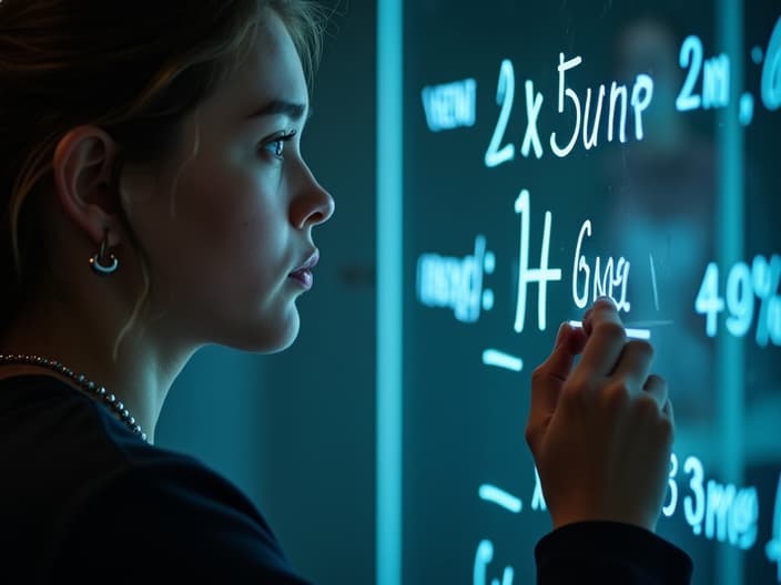 Studio portrait of a focused student solving a complex mathematical equation on a transparent glass board, dramatic lighting