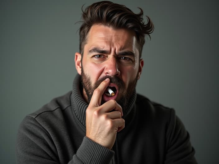 Studio portrait of a man confidently crushing a cigarette, determined expression, clean background