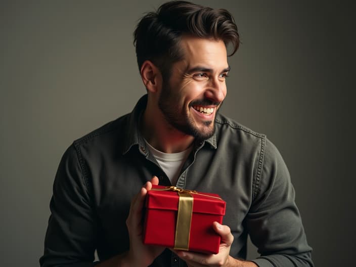 Studio portrait of a man with a mischievous smile holding a gift behind his back, soft lighting