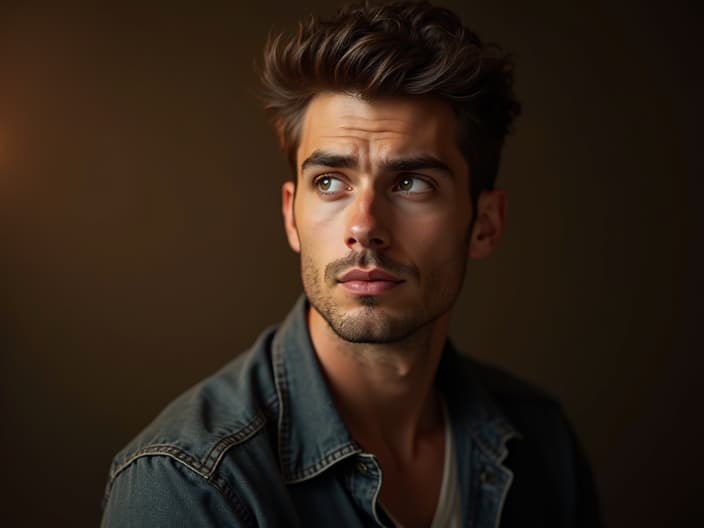 Studio portrait of a man with an admiring gaze, warm lighting