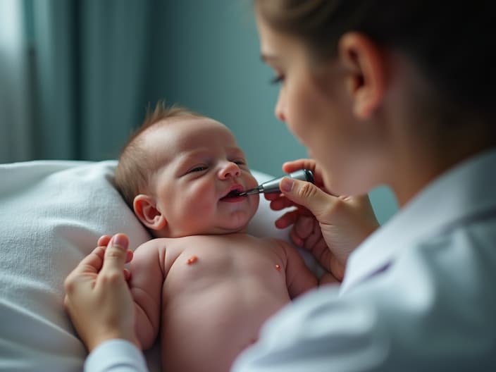 Studio portrait of a newborn with jaundice, with a pediatrician examining them