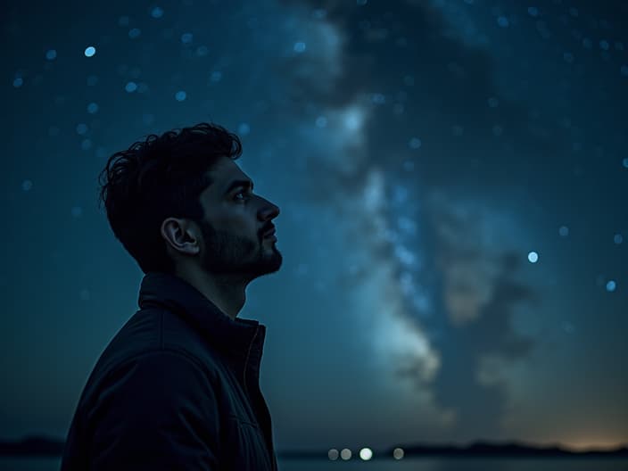 Studio portrait of a pensive person looking at a starry sky, contemplating life's meaning