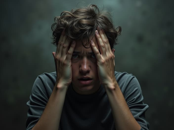 Studio portrait of a person avoiding conflict, surrounded by fear