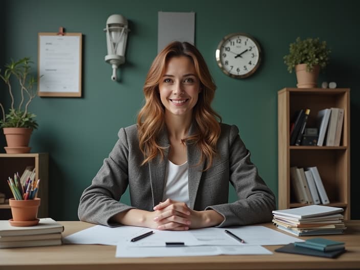 Studio portrait of a person balancing work and personal life, surrounded by time management items