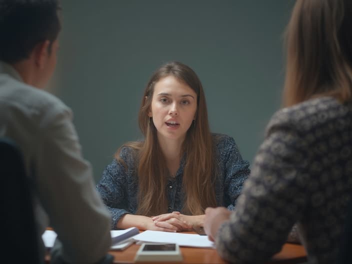 Studio portrait of a person calmly responding to surprise questions in a meeting