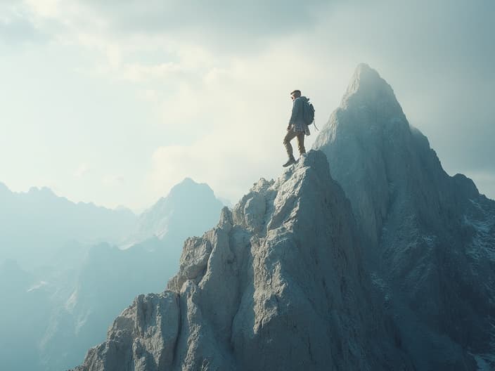 Studio portrait of a person climbing a symbolic mountain of achievement