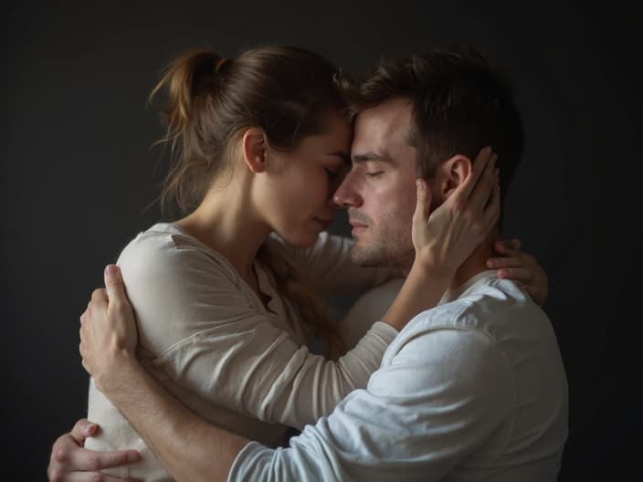 Studio portrait of a person comforting and supporting their partner during a challenging time