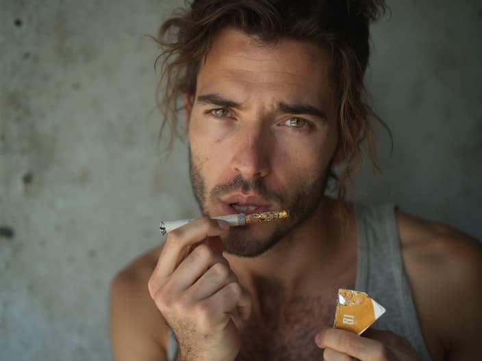 Studio portrait of a person confidently crushing a cigarette, with nicotine replacement products nearby