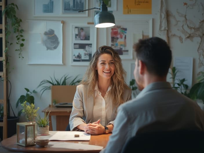 Studio portrait of a person confidently preparing for an interview, surrounded by career symbols