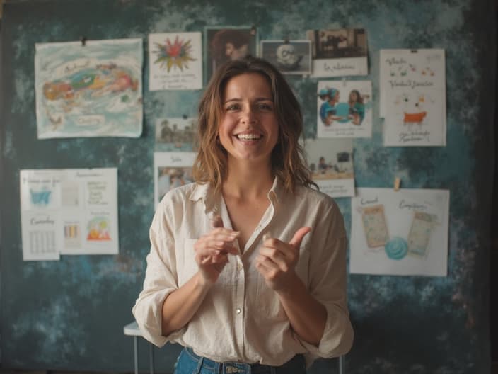 Studio portrait of a person confidently presenting their ideas, surrounded by supportive visual aids