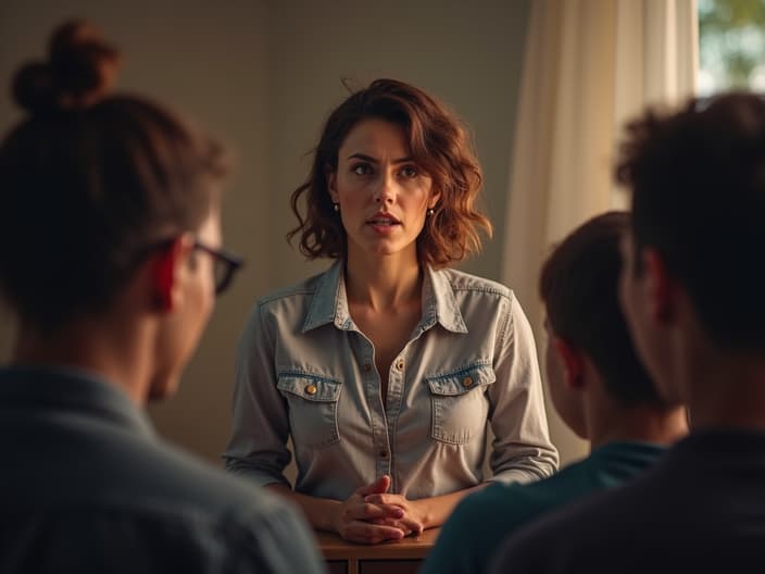 Studio portrait of a person confidently speaking to a group, symbolizing overcoming social anxiety