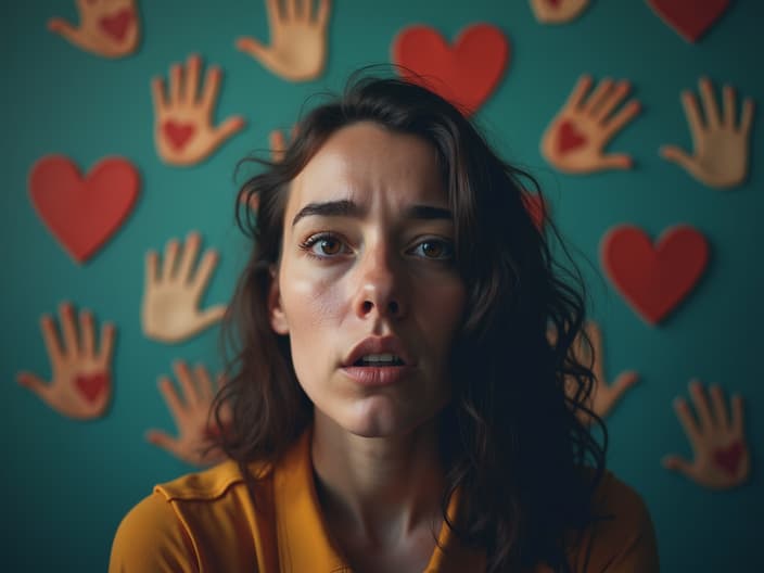 Studio portrait of a person feeling lonely, surrounded by support icons