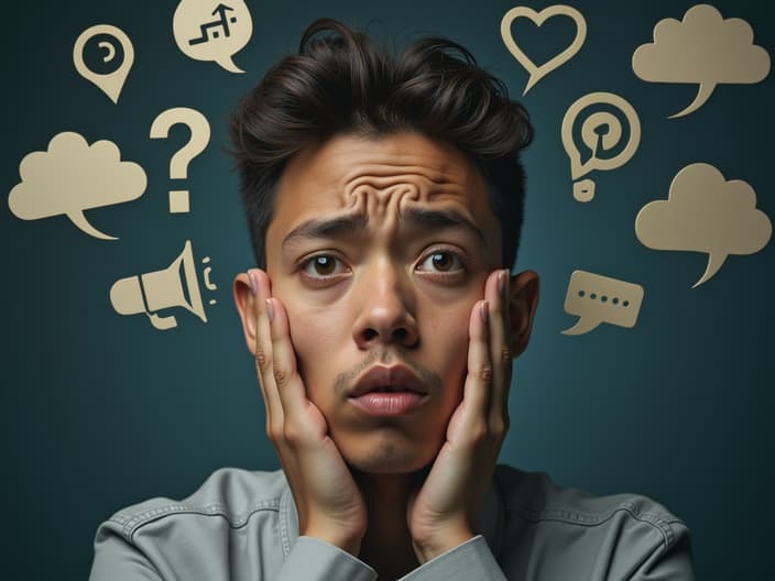 Studio portrait of a person feeling unheard, surrounded by communication icons