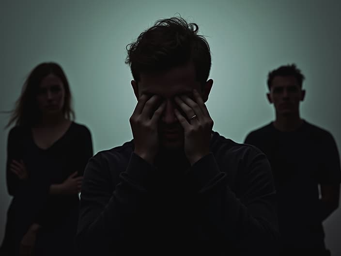 Studio portrait of a person hiding their face, surrounded by concerned family silhouettes