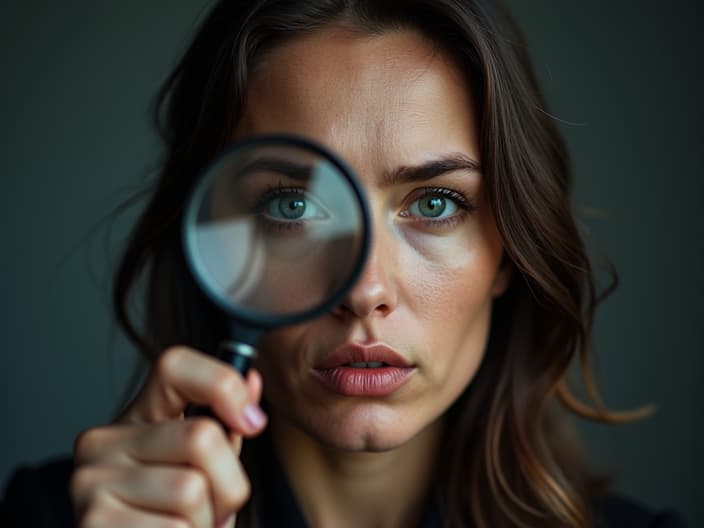 Studio portrait of a person holding a magnifying glass, looking concerned