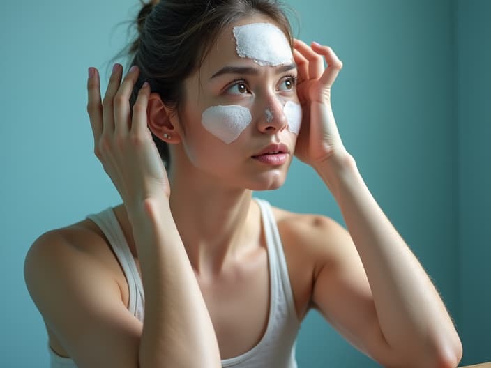 Studio portrait of a person holding an ice pack to their head, looking concerned