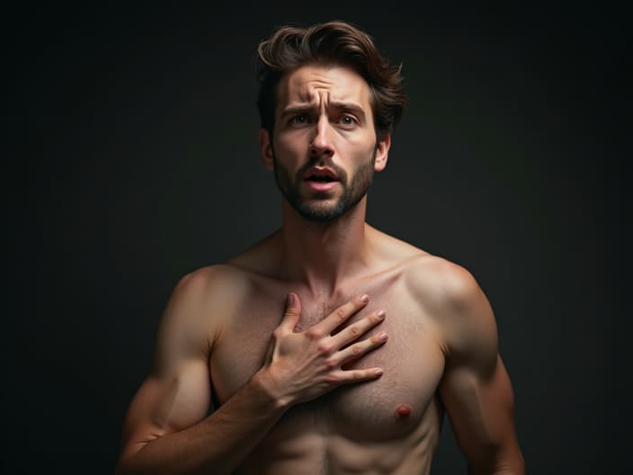 Studio portrait of a person holding their chest, looking concerned