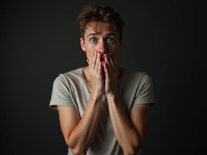 Studio portrait of a person holding their hands, looking uncomfortable