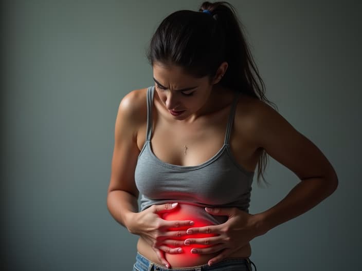 Studio portrait of a person holding their stomach, looking uncomfortable