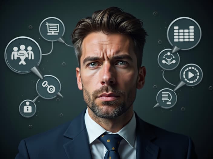 Studio portrait of a person in a conflict situation, surrounded by communication icons