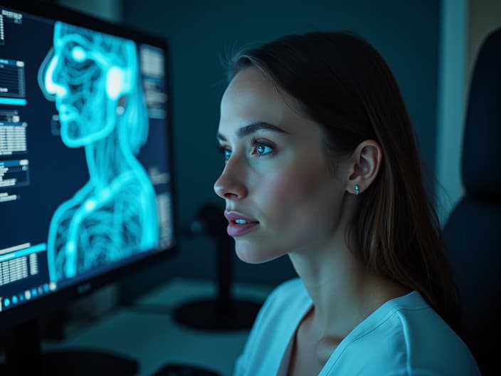 Studio portrait of a person in online therapy, surrounded by technology