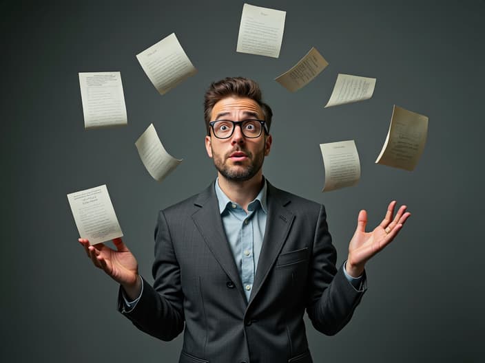 Studio portrait of a person juggling multiple tasks, looking stressed