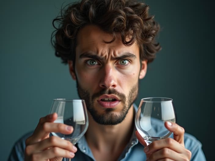 Studio portrait of a person looking anxious, torn between a glass and stress-relief items