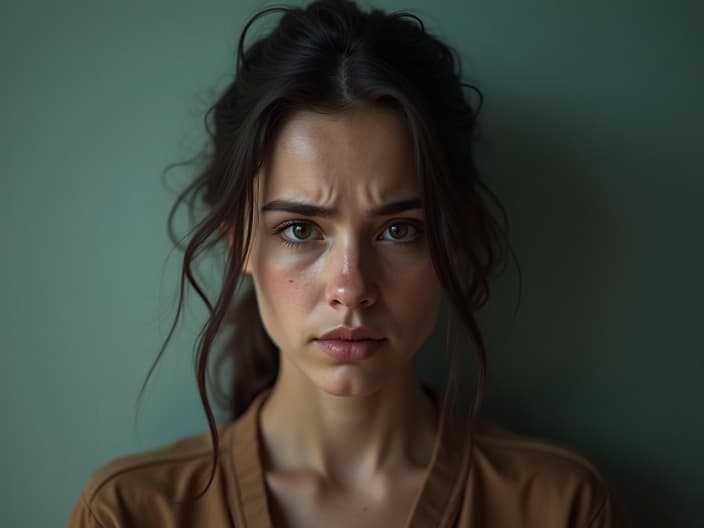 Studio portrait of a person looking anxious, with a calming background