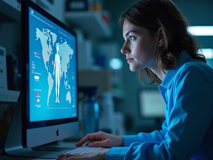 Studio portrait of a person looking at a computer screen, surrounded by medical icons