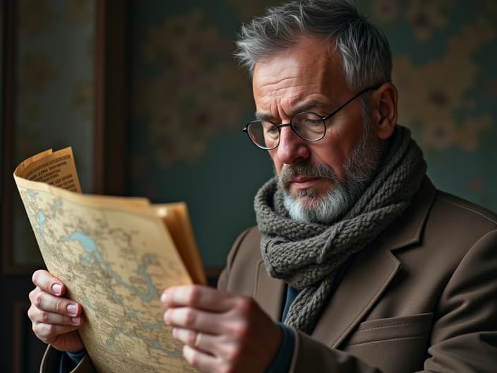 Studio portrait of a person looking at a map or directory, searching for something