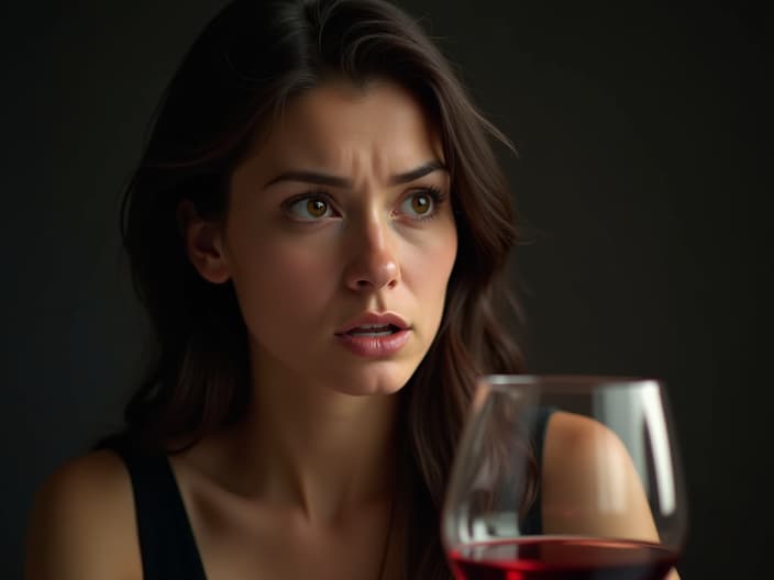 Studio portrait of a person looking concerned, wine glass in the foreground