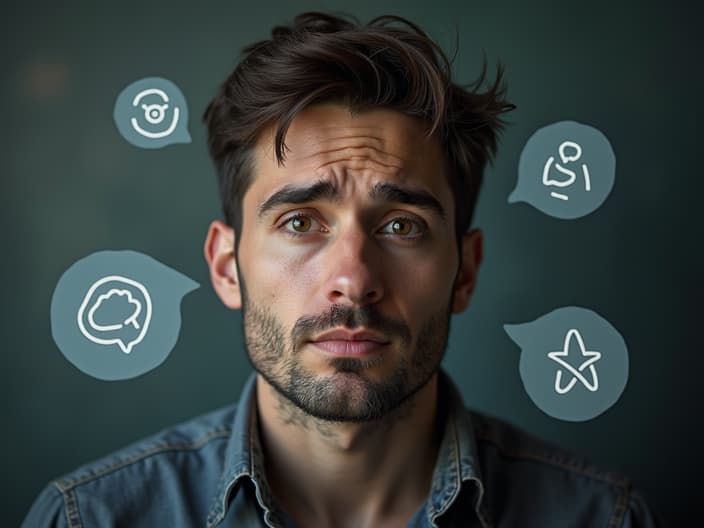 Studio portrait of a person looking for help, surrounded by support icons