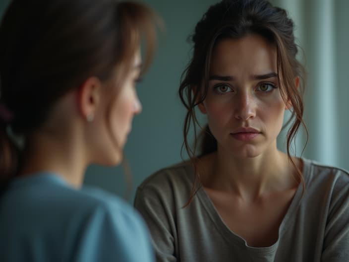 Studio portrait of a person looking sad, with a therapist in the background