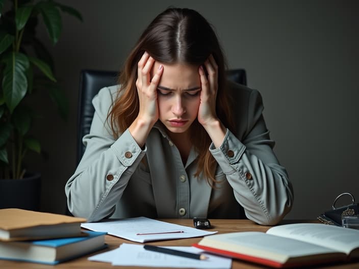 Studio portrait of a person looking tired and overwhelmed, surrounded by work items