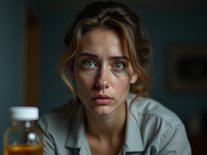 Studio portrait of a person looking uncertain, pill bottle visible in the foreground