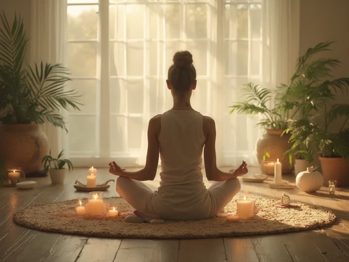 Studio portrait of a person meditating peacefully, surrounded by calming elements