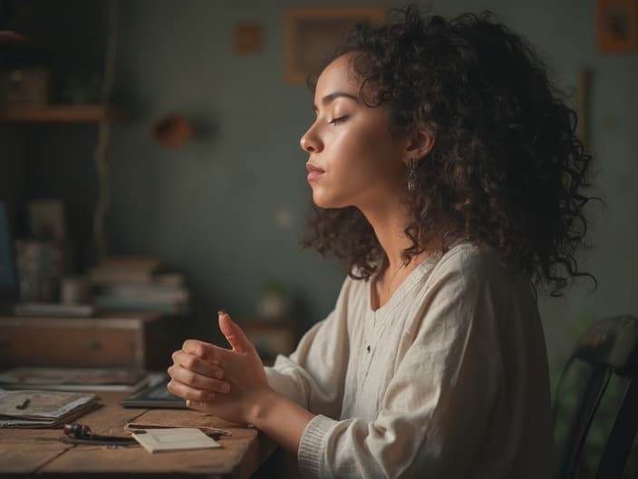 Studio portrait of a person mindfully performing a daily task, with a peaceful expression